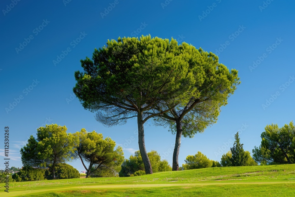 Lush green field with two trees sitting on its surface, ideal for outdoor scenes or nature-inspired designs Lush green field with two trees sitting on its surface, ideal for outdoor scenes or nature-inspired designs
