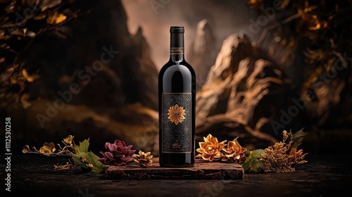 Elegant wine bottle display artistic studio product photography dark natural environment close-up luxurious design concept