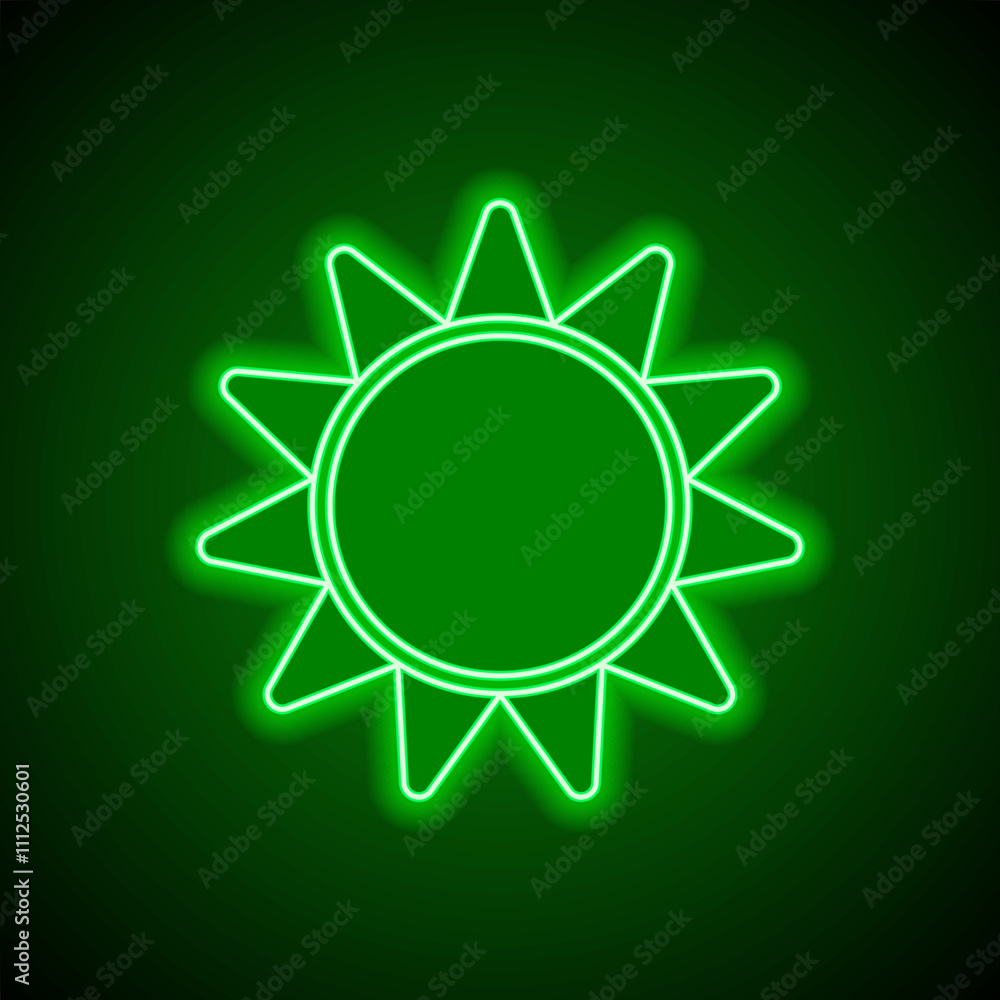 Sun simple icon vector. Flat design. Green neon on black background with green light Sun simple icon vector. Flat design. Green neon on black background with green light