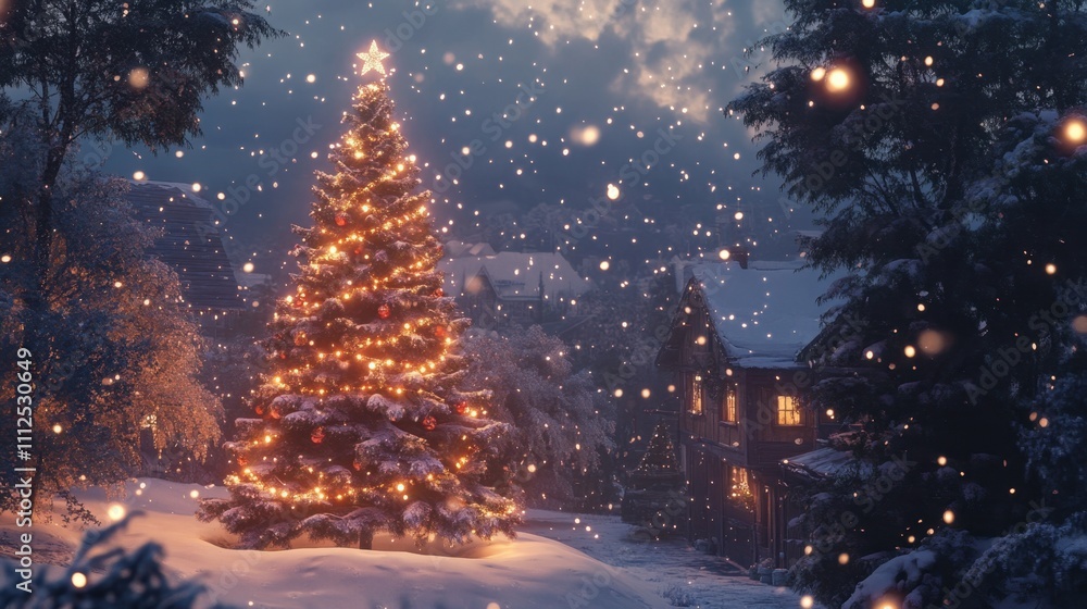 A beautifully decorated Christmas tree surrounded by softly falling snowflakes in a serene winter wonderland A beautifully decorated Christmas tree surrounded by softly falling snowflakes in a serene winter wonderland