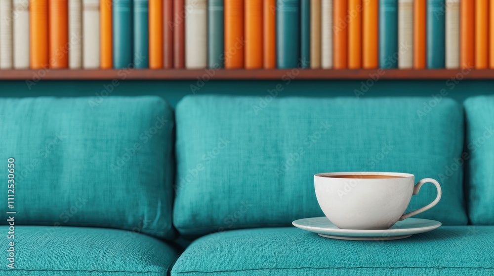 Cozy Living Room with Turquoise Couch and Cup on Saucer Next to Colorful Books Cozy Living Room with Turquoise Couch and Cup on Saucer Next to Colorful Books