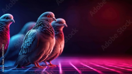 Colorful Pigeons on Neon Grid with Vibrant Background in Futuristic and Artistic Style photo