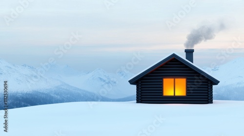 Cozy Log Cabin with Smoke and Warm Light in Snowy Winter Landscape