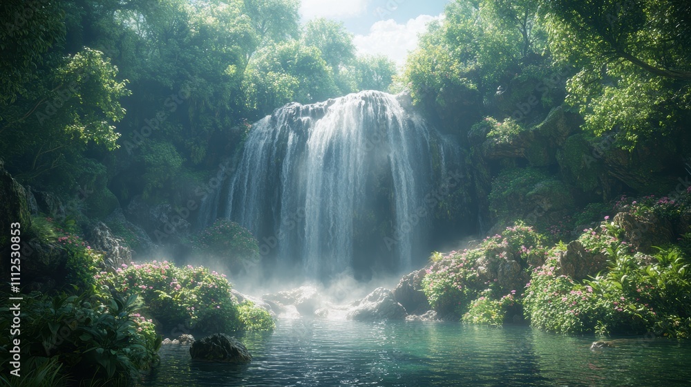 A serene waterfall surrounded by lush greenery and vibrant flowers.