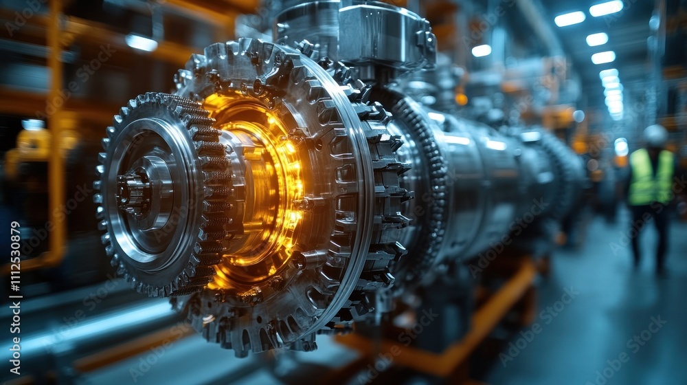 A close-up of intricate gears and machinery being installed in the mechanical room of a new high-rise building, with construction workers in safety vests carefully adjusting the system's components A close-up of intricate gears and machinery being installed in the mechanical room of a new high-rise building, with construction workers in safety vests carefully adjusting the system's components