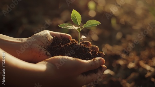 Hands Cradling Soil with Young Seedling