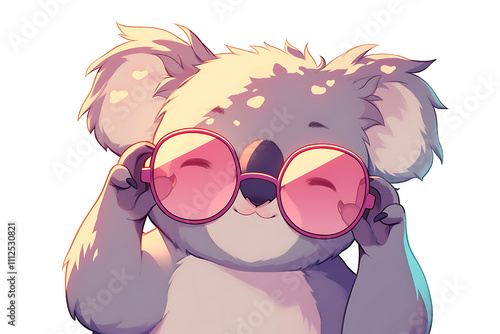 A cute cartoon koala wearing oversized pink sunglasses, smiling joyfully. photo