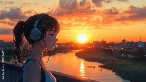 Young anime girl with headphones enjoying sunset by the riverbank