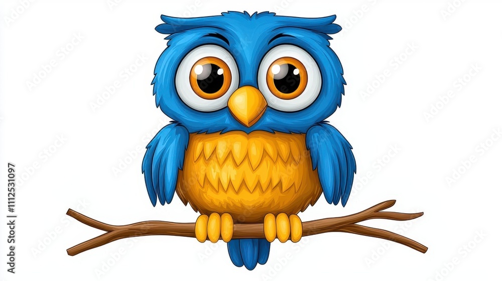 Fototapeta premium Cute cartoon illustration of a jolly owl perched on a festive branch with big glowing eyes, isolated white background.