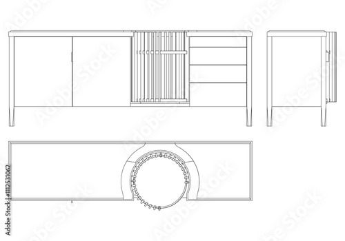 Hand drawn silhouette of mid century dresser. Modern furniture outline drawing. Line art cupboard for trendy interior design. Sketch commode on legs. Vector illustration