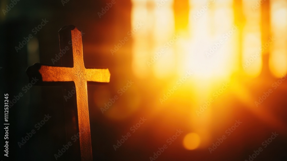 Cross in sunset with warm golden light shining bright Cross in sunset with warm golden light shining bright