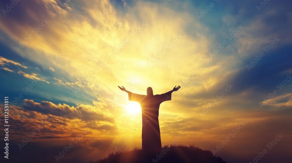 Silhouette of figure embracing sunset with open arms Silhouette of figure embracing sunset with open arms