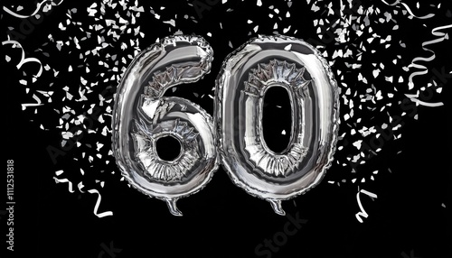 Silver birthday / anniversary balloon, number 60, black background with confetti