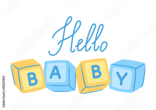 Baby shower greeting card. New born baby boy Happy Birthday.