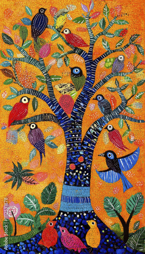 vibrant Gond art painting featuring colorful tree with various birds perched among its branches. bright orange background enhances lively scene, showcasing nature beauty