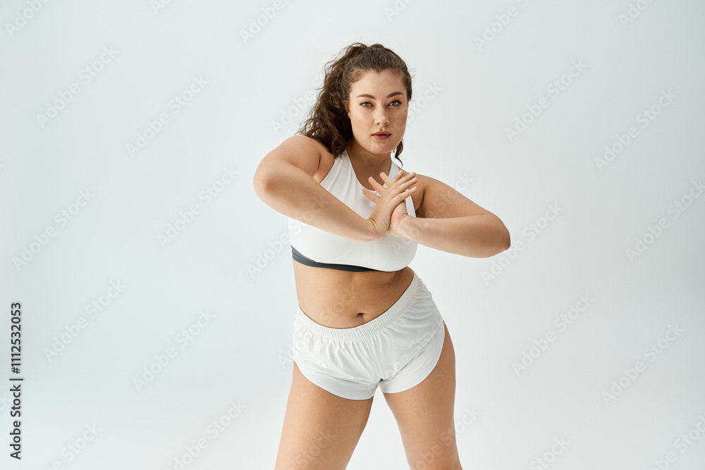 Obraz premium Confident plus size woman models stylish and beautiful underwear gracefully.