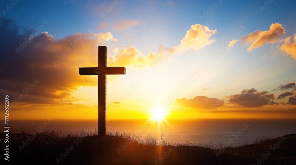 Lonely Cross over Ocean's Horizon at Peaceful Dusk Lonely Cross over Ocean's Horizon at Peaceful Dusk