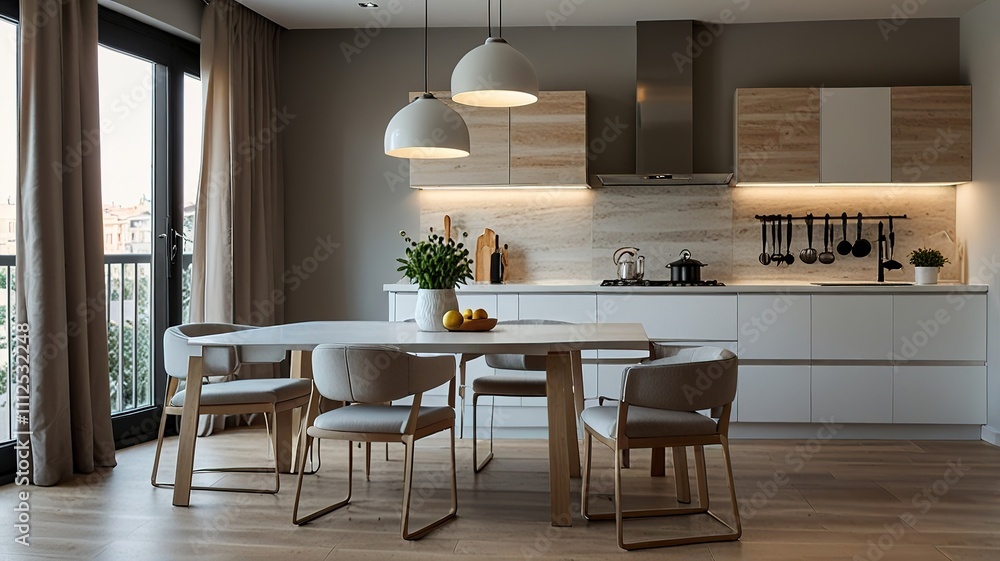 Fototapeta premium Modern new light interior of kitchen with white furniture and dining table.