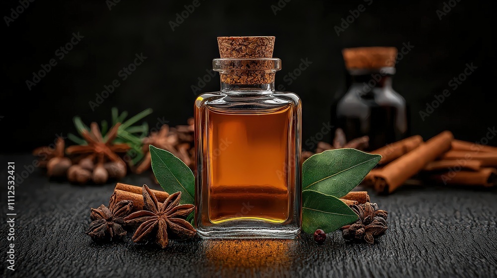 Exotic spice infusion in glass bottle culinary aesthetics dark background captivating composition enigmatic glow Exotic spice infusion in glass bottle culinary aesthetics dark background captivating composition enigmatic glow