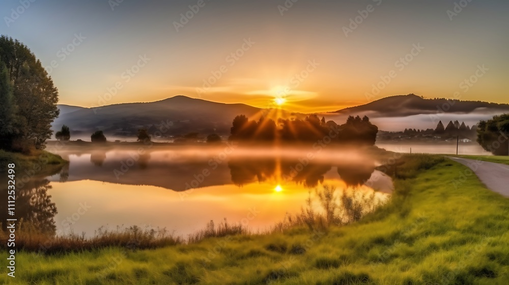 Sunrise Over Misty Lake and Mountain Landscape Sunrise Over Misty Lake and Mountain Landscape