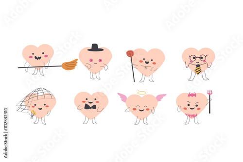 Adorable heart characters in diverse costumes and fun roles.