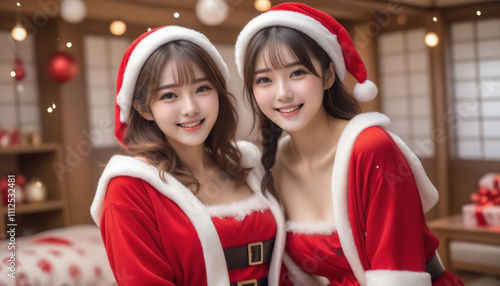  Portrait of a beautiful young woman in Santa Claus clothes. Christmas decoration background. Christmas image. Card design. サンタクロースの服を着た美しい若い女性のポートレート。クリスマスの装飾の背景。クリスマスのイメージ。カードデザイン。