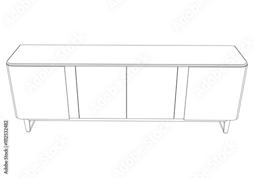 Hand drawn silhouette of mid century dresser. Modern furniture outline drawing. Line art cupboard for trendy interior design. Sketch commode on legs. Vector illustration