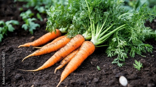 Freshly Harvested Carrots with Green Tops in Rich Dark Soil