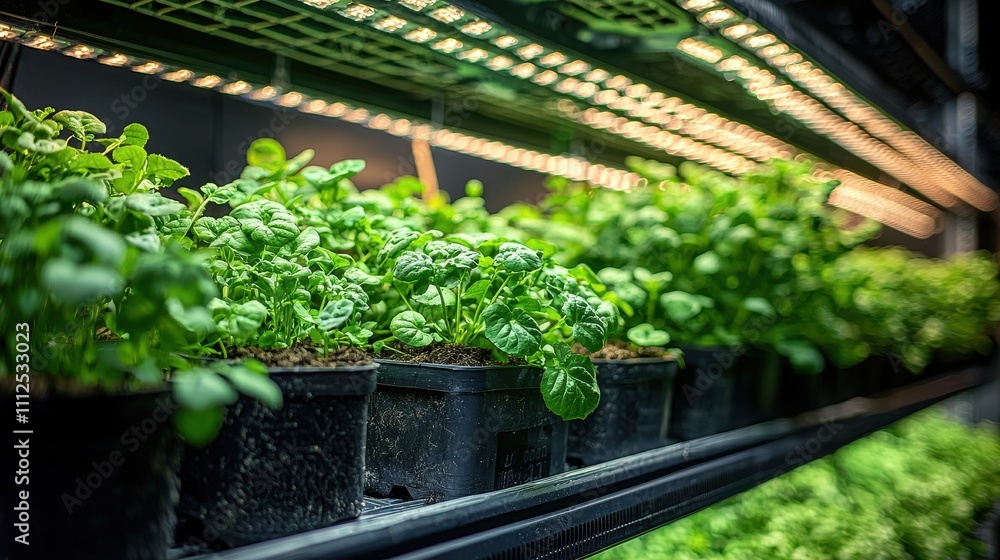 Fresh Green Basil Plants Growing Under LED Lights in Indoor Garden Setup Fresh Green Basil Plants Growing Under LED Lights in Indoor Garden Setup