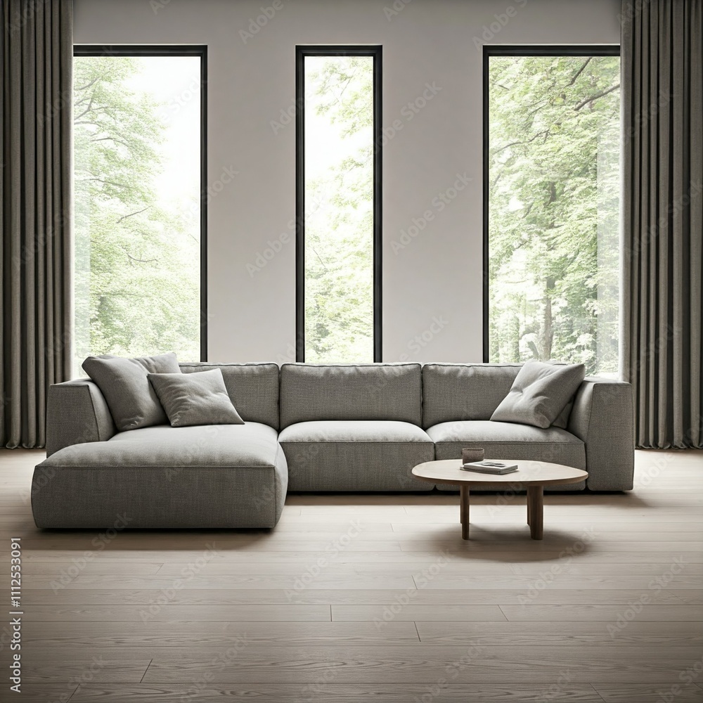 A spacious, minimalist living room with a large, modular sectional sofa and a round coffee table. A spacious, minimalist living room with a large, modular sectional sofa and a round coffee table.