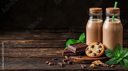 Chocolate milk bottles and cookies on wooden table rustic kitchen food photography cozy atmosphere close-up indulgence
