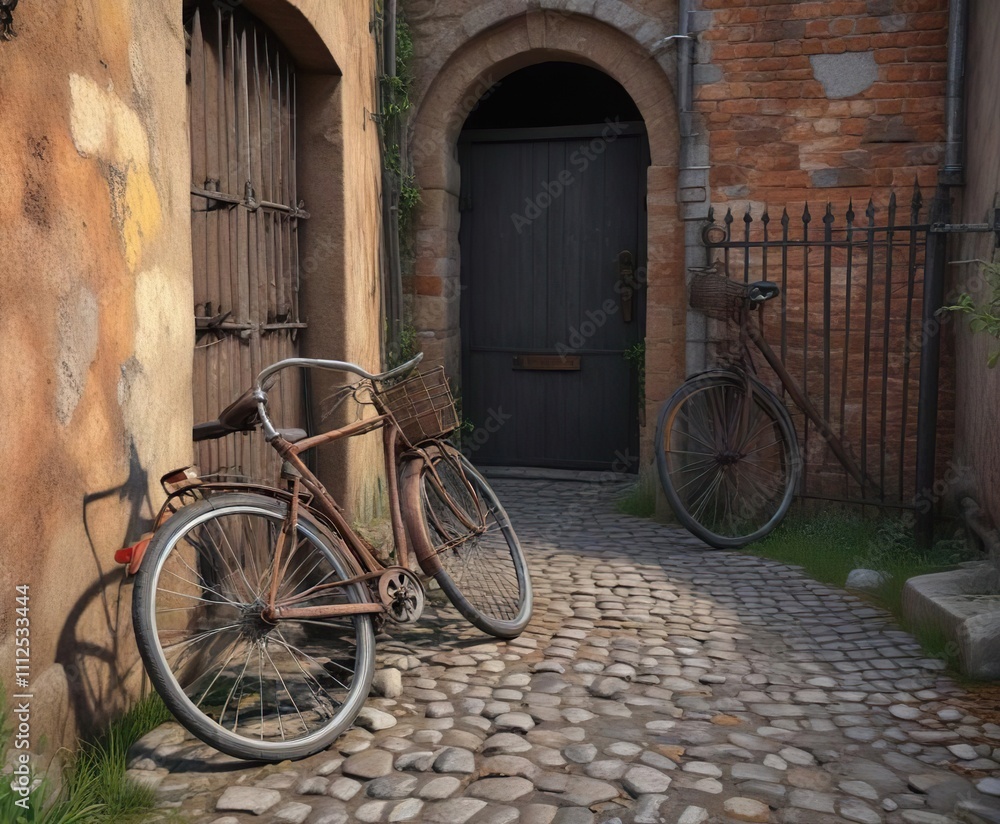 Cobblestone alley with a rusty old bicycle leaning against the wall and a broken iron gate, bike, peeling paint, cobblestone Cobblestone alley with a rusty old bicycle leaning against the wall and a broken iron gate, bike, peeling paint, cobblestone