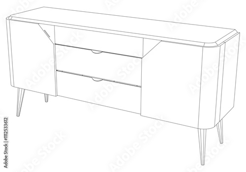Hand drawn silhouette of mid century dresser. Modern furniture outline drawing. Line art cupboard for trendy interior design. Sketch commode on legs. Vector illustration