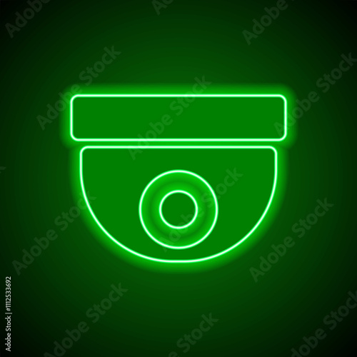 Security cam simple icon. Flat design. Green neon on black background with green light