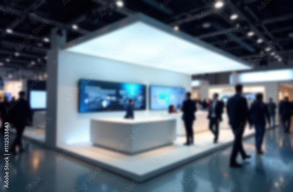 Modern tradeshow booth with interactive screens and samples Modern tradeshow booth with interactive screens and samples