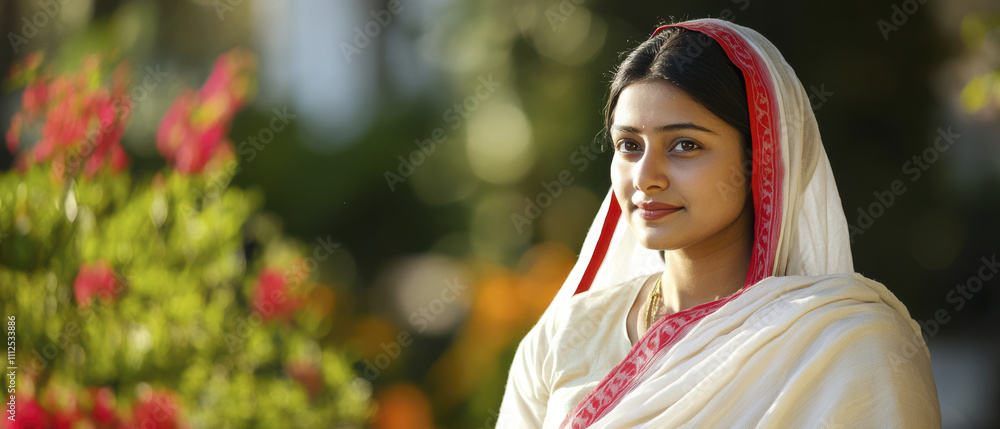 Fototapeta premium woman wearing white saree with red accents stands gracefully amidst vibrant flowers, exuding elegance and serenity in beautiful outdoor setting