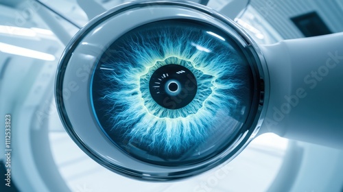 Close-up of a patient eye during an ophthalmologist exam, futuristic optics and digital diagnostic tools for sight health