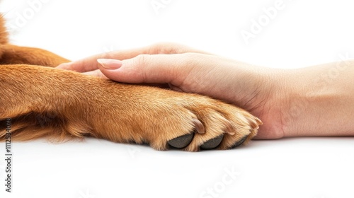 A dogâ€™s paw gently resting on a human hand, showcasing the contrast between the two photo