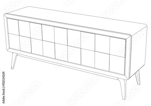 Hand drawn silhouette of mid century dresser. Modern furniture outline drawing. Line art cupboard for trendy interior design. Sketch commode on legs. Vector illustration