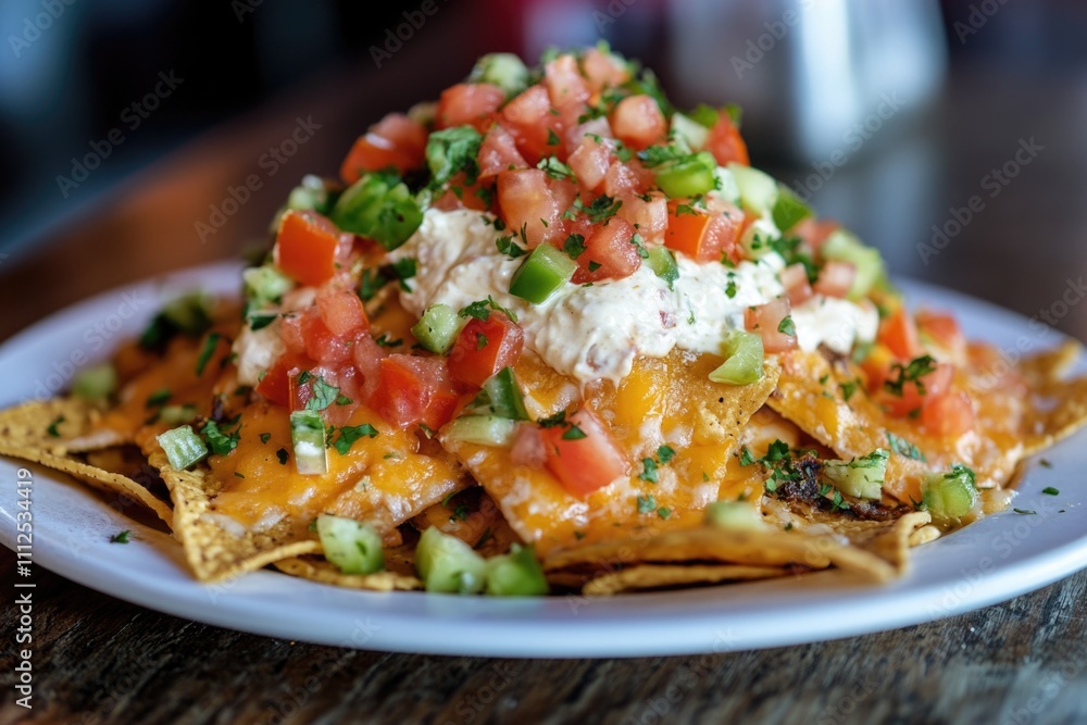 A plate of nachos topped with melted cheese and fresh tomatoes, perfect for snacking or as a party food