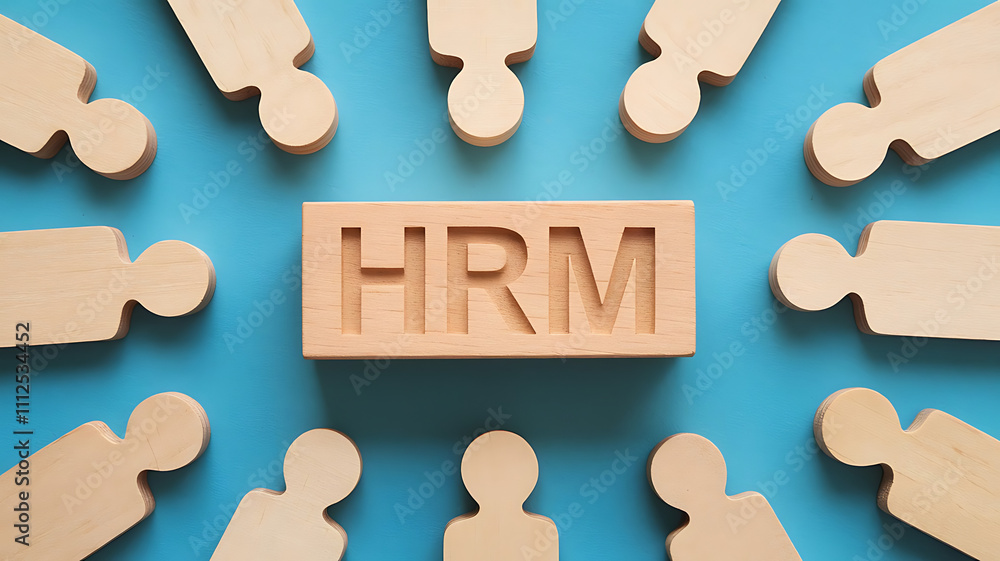HRM: Human Resources Management, Employee Engagement, Recruitment, and Organizational Growth, human resources management concept. Wooden figures on the blue background, hrm copy space, hrm background HRM: Human Resources Management, Employee Engagement, Recruitment, and Organizational Growth, human resources management concept. Wooden figures on the blue background, hrm copy space, hrm background