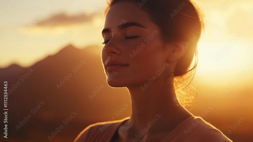 Close-up of a woman meditating at sunset in the mountains, with soft light creating a tranquil atmosphere Close-up of a woman meditating at sunset in the mountains, with soft light creating a tranquil atmosphere