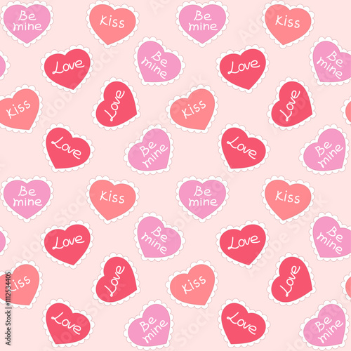 Cute love heart shapes with words on pink background, seamless vector pattern, Valentines Day design