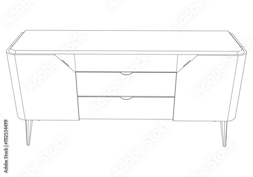 Hand drawn silhouette of mid century dresser. Modern furniture outline drawing. Line art cupboard for trendy interior design. Sketch commode on legs. Vector illustration