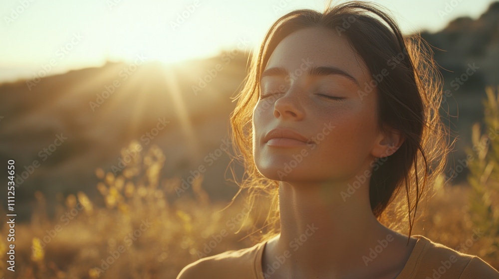 Close-up of a woman meditating at sunset in the mountains, with soft light creating a tranquil atmosphere Close-up of a woman meditating at sunset in the mountains, with soft light creating a tranquil atmosphere