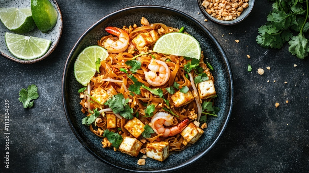 Delicious Pad Thai with Shrimp, Tofu, Lime and Fresh Ingredients Delicious Pad Thai with Shrimp, Tofu, Lime and Fresh Ingredients