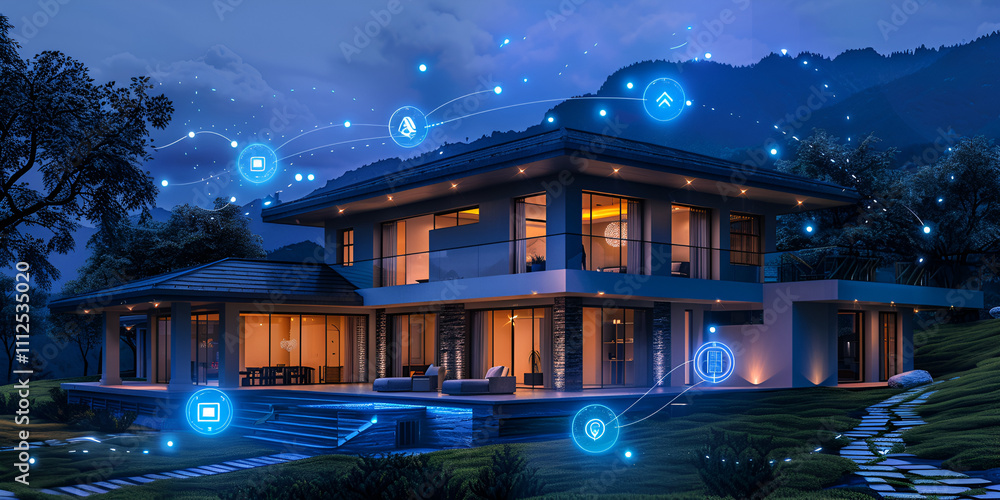 Obraz premium A modern house on a hill, showcasing various connected devices integrated into its design and surroundings.