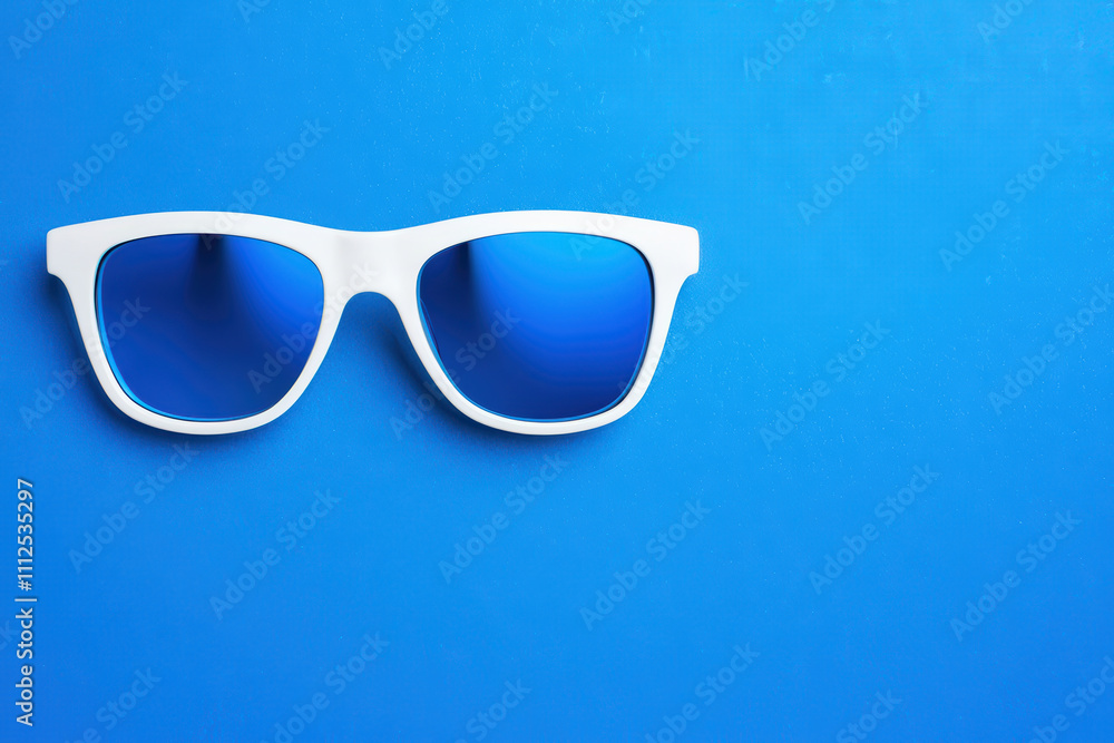 Trendy sunglasses with blue reflective lenses on blue background. Perfect for summer fashion and outdoor activities