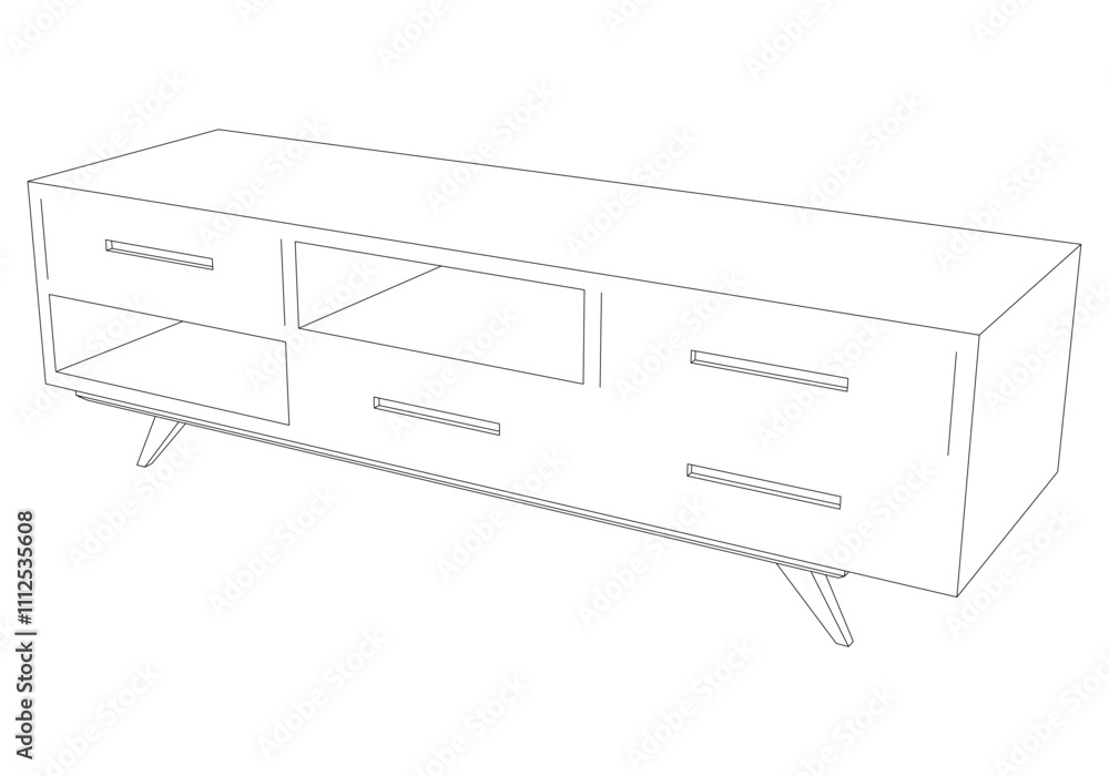 Hand drawn silhouette of mid century dresser. Modern furniture outline drawing. Line art cupboard for trendy interior design. Sketch commode on legs. Vector illustration Hand drawn silhouette of mid century dresser. Modern furniture outline drawing. Line art cupboard for trendy interior design. Sketch commode on legs. Vector illustration