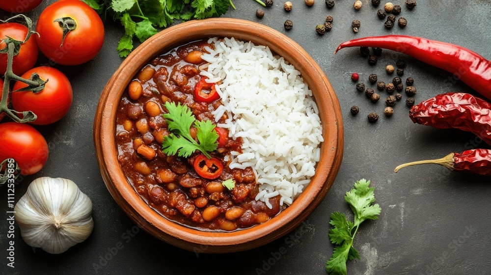 Delicious Bowl of Rice and Chili Bean Stew on Rustic Table Delicious Bowl of Rice and Chili Bean Stew on Rustic Table